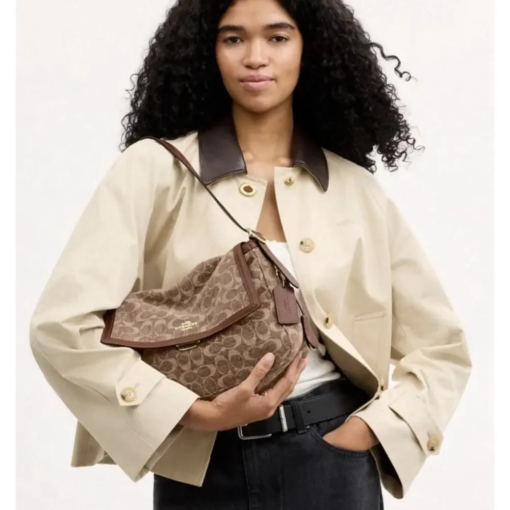NWT Coach Etta Flap Bag Signature Chenille CCE58 Light Khaki/Vintage Brown
